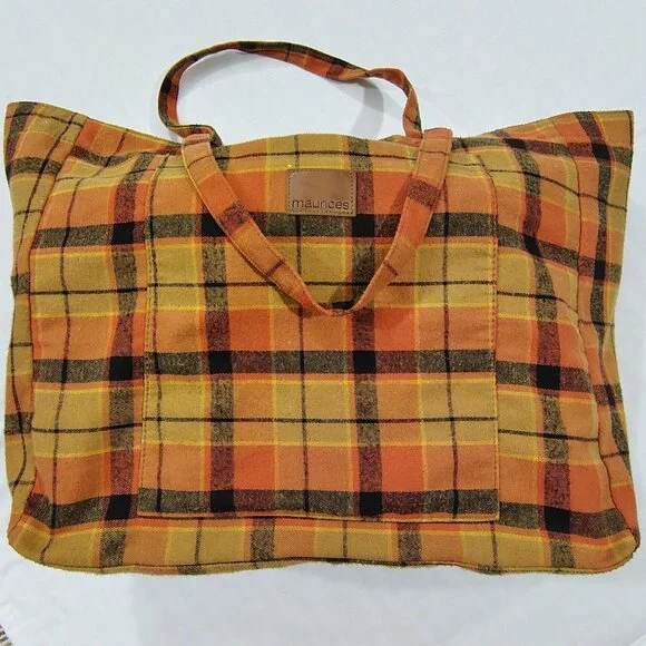 Maurices Plaid Flannel Tote Bag Button Closure Front Pocket Striped Lining - Picture 16 of 16